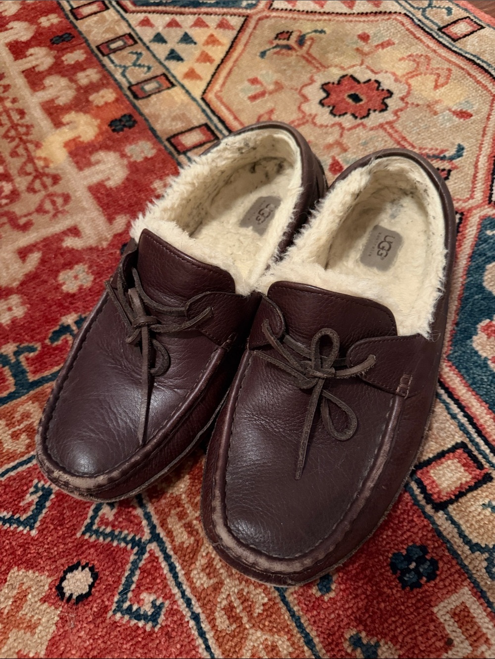 UGG Men’s Brown Leather Shearling-Lined Moccasin Slip-Ons